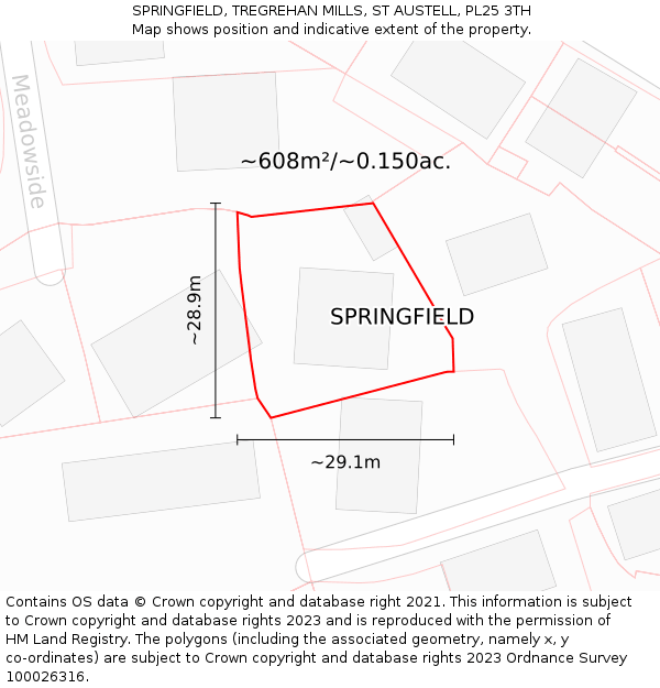 SPRINGFIELD, TREGREHAN MILLS, ST AUSTELL, PL25 3TH: Plot and title map