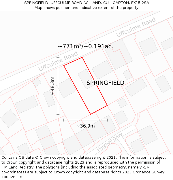SPRINGFIELD, UFFCULME ROAD, WILLAND, CULLOMPTON, EX15 2SA: Plot and title map