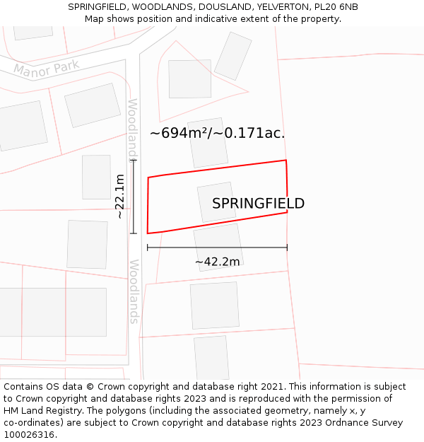 SPRINGFIELD, WOODLANDS, DOUSLAND, YELVERTON, PL20 6NB: Plot and title map