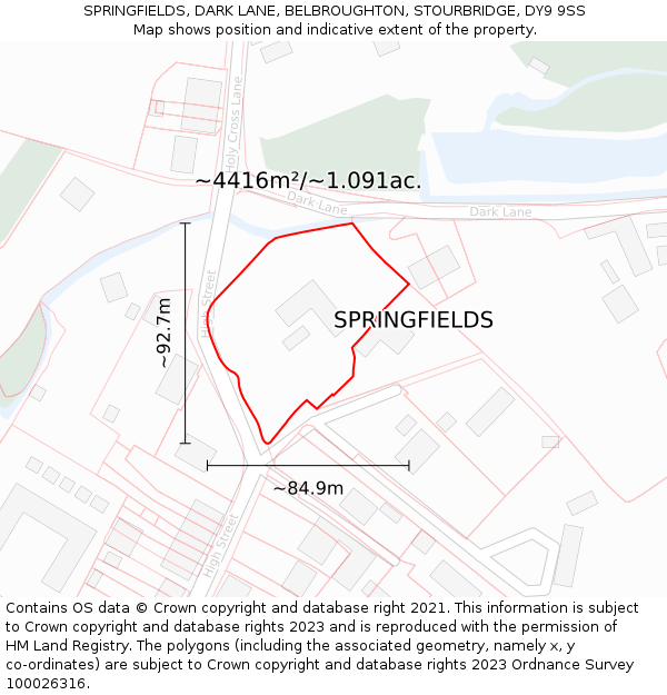 SPRINGFIELDS, DARK LANE, BELBROUGHTON, STOURBRIDGE, DY9 9SS: Plot and title map