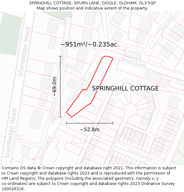 SPRINGHILL COTTAGE, SPURN LANE, DIGGLE, OLDHAM, OL3 5QP: Plot and title map