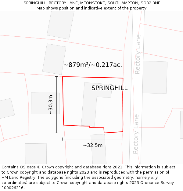 SPRINGHILL, RECTORY LANE, MEONSTOKE, SOUTHAMPTON, SO32 3NF: Plot and title map