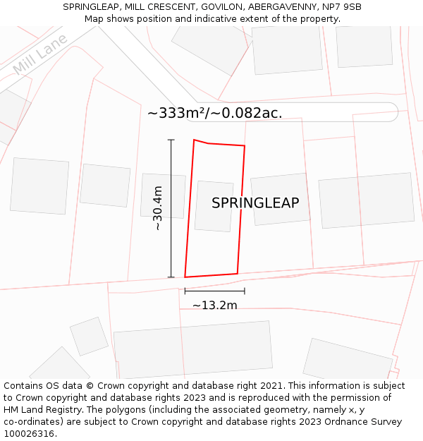 SPRINGLEAP, MILL CRESCENT, GOVILON, ABERGAVENNY, NP7 9SB: Plot and title map