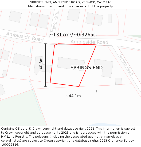 SPRINGS END, AMBLESIDE ROAD, KESWICK, CA12 4AF: Plot and title map