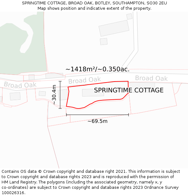 SPRINGTIME COTTAGE, BROAD OAK, BOTLEY, SOUTHAMPTON, SO30 2EU: Plot and title map