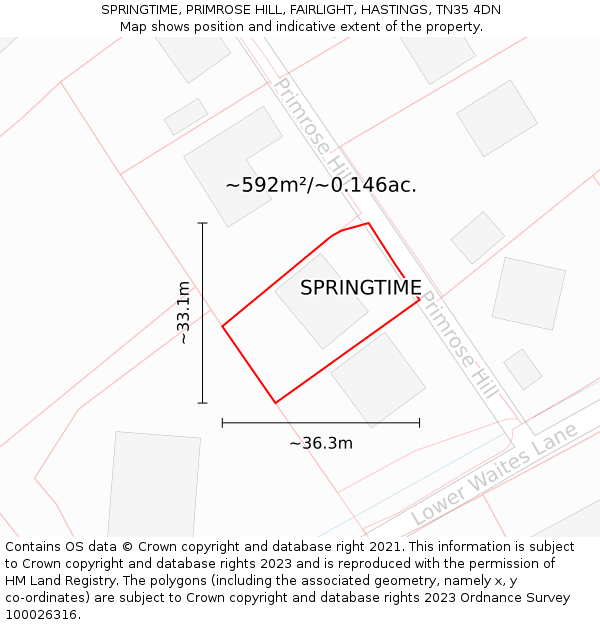 SPRINGTIME, PRIMROSE HILL, FAIRLIGHT, HASTINGS, TN35 4DN: Plot and title map