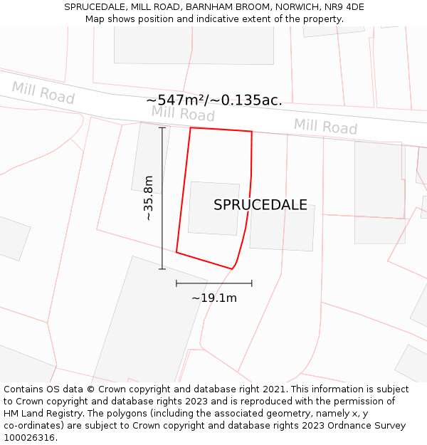 SPRUCEDALE, MILL ROAD, BARNHAM BROOM, NORWICH, NR9 4DE: Plot and title map