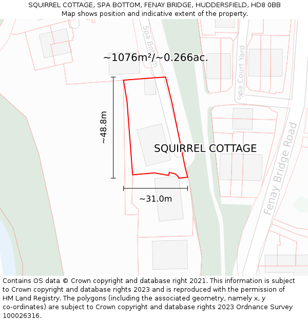 SQUIRREL COTTAGE, SPA BOTTOM, FENAY BRIDGE, HUDDERSFIELD, HD8 0BB: Plot and title map