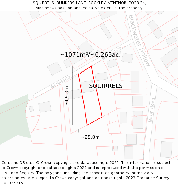 SQUIRRELS, BUNKERS LANE, ROOKLEY, VENTNOR, PO38 3NJ: Plot and title map