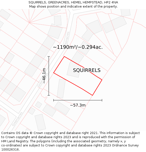 SQUIRRELS, GREENACRES, HEMEL HEMPSTEAD, HP2 4NA: Plot and title map