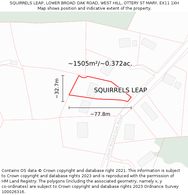 SQUIRRELS LEAP, LOWER BROAD OAK ROAD, WEST HILL, OTTERY ST MARY, EX11 1XH: Plot and title map