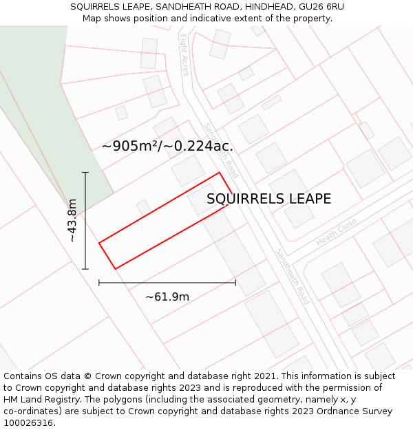 SQUIRRELS LEAPE, SANDHEATH ROAD, HINDHEAD, GU26 6RU: Plot and title map