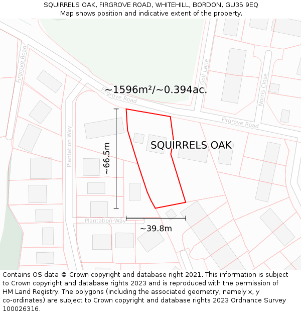SQUIRRELS OAK, FIRGROVE ROAD, WHITEHILL, BORDON, GU35 9EQ: Plot and title map