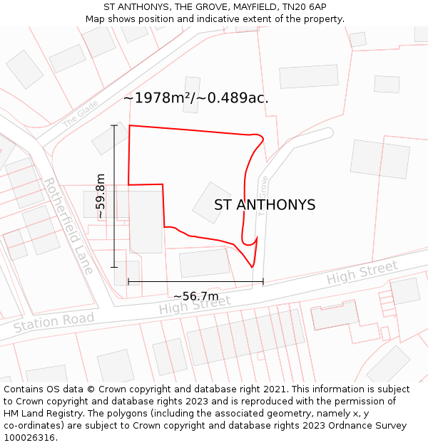 ST ANTHONYS, THE GROVE, MAYFIELD, TN20 6AP: Plot and title map