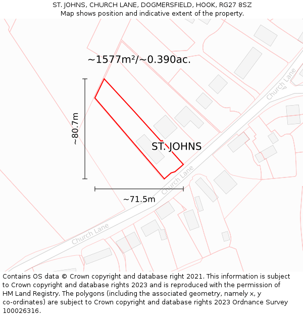 ST. JOHNS, CHURCH LANE, DOGMERSFIELD, HOOK, RG27 8SZ: Plot and title map