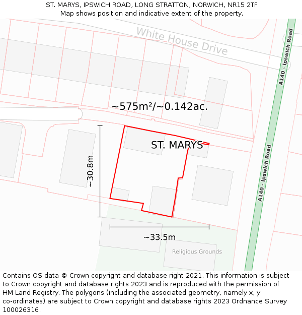 ST. MARYS, IPSWICH ROAD, LONG STRATTON, NORWICH, NR15 2TF: Plot and title map