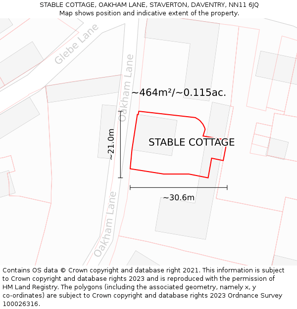 STABLE COTTAGE, OAKHAM LANE, STAVERTON, DAVENTRY, NN11 6JQ: Plot and title map