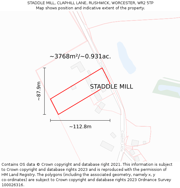 STADDLE MILL, CLAPHILL LANE, RUSHWICK, WORCESTER, WR2 5TP: Plot and title map