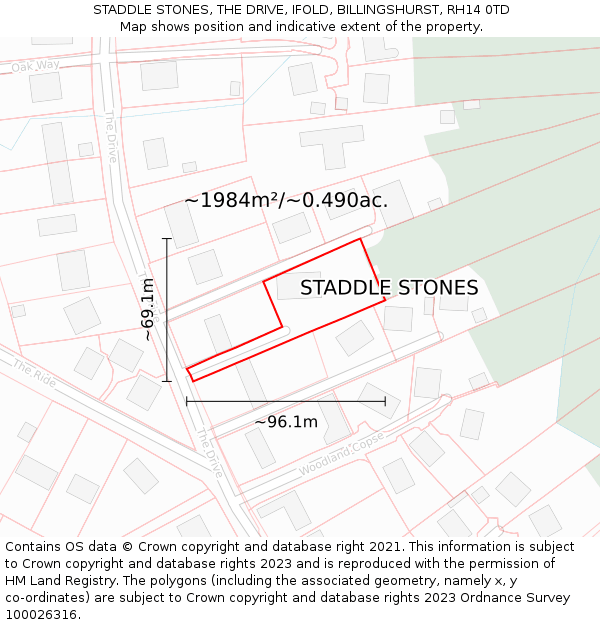 STADDLE STONES, THE DRIVE, IFOLD, BILLINGSHURST, RH14 0TD: Plot and title map