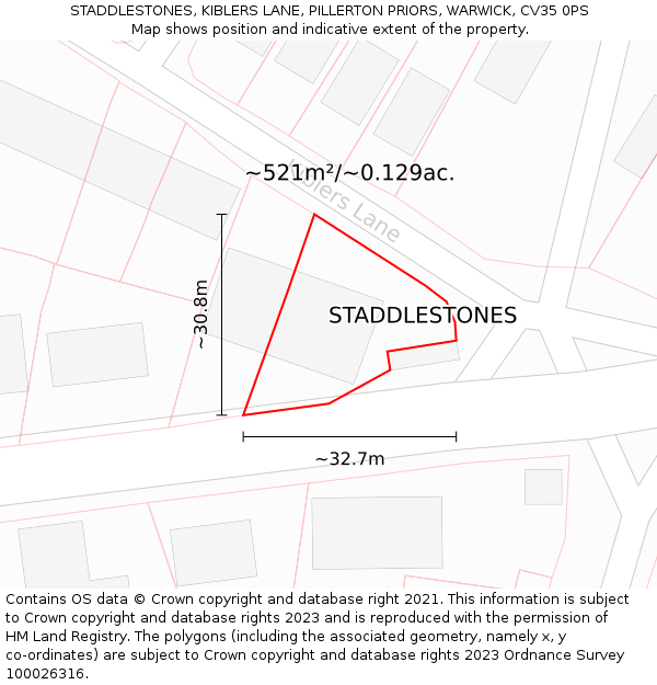 STADDLESTONES, KIBLERS LANE, PILLERTON PRIORS, WARWICK, CV35 0PS: Plot and title map