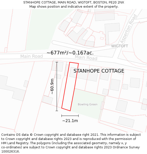 STANHOPE COTTAGE, MAIN ROAD, WIGTOFT, BOSTON, PE20 2NX: Plot and title map