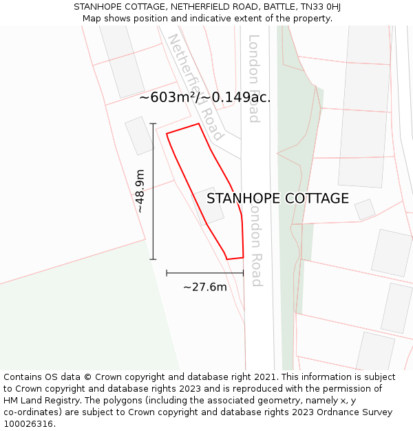 STANHOPE COTTAGE, NETHERFIELD ROAD, BATTLE, TN33 0HJ: Plot and title map