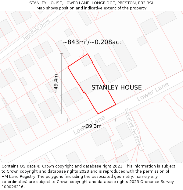STANLEY HOUSE, LOWER LANE, LONGRIDGE, PRESTON, PR3 3SL: Plot and title map