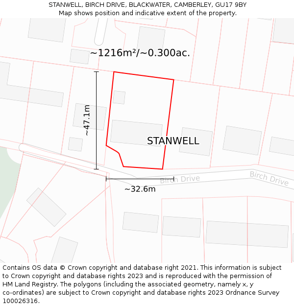 STANWELL, BIRCH DRIVE, BLACKWATER, CAMBERLEY, GU17 9BY: Plot and title map
