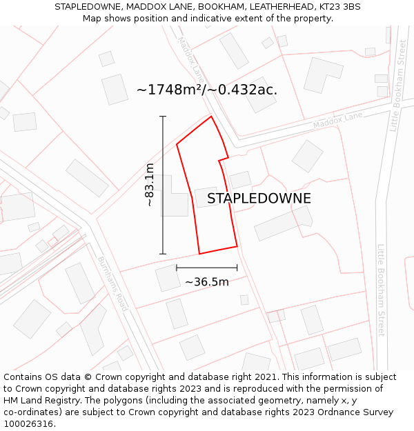 STAPLEDOWNE, MADDOX LANE, BOOKHAM, LEATHERHEAD, KT23 3BS: Plot and title map