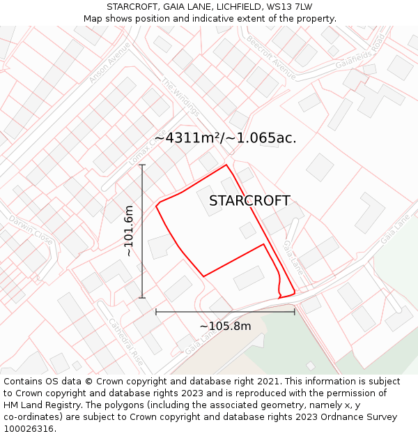STARCROFT, GAIA LANE, LICHFIELD, WS13 7LW: Plot and title map