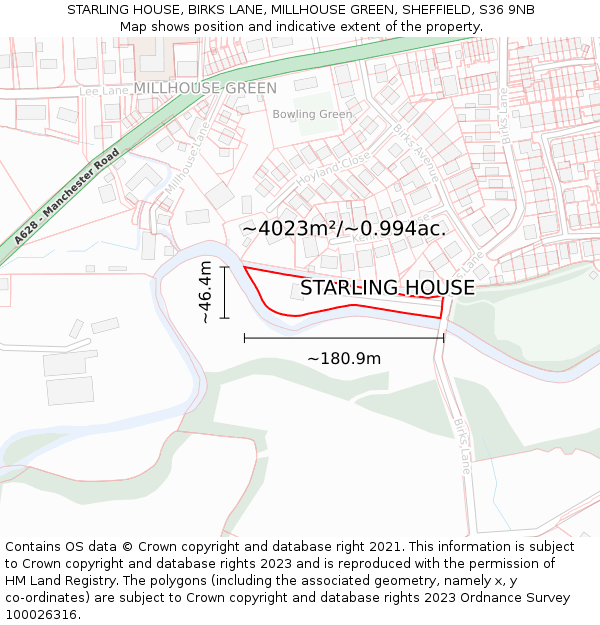 STARLING HOUSE, BIRKS LANE, MILLHOUSE GREEN, SHEFFIELD, S36 9NB: Plot and title map