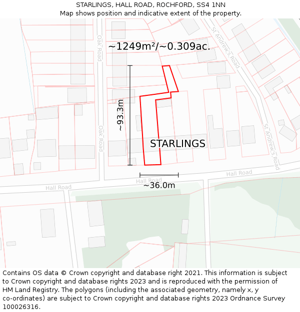 STARLINGS, HALL ROAD, ROCHFORD, SS4 1NN: Plot and title map