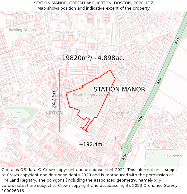 STATION MANOR, GREEN LANE, KIRTON, BOSTON, PE20 1DZ: Plot and title map