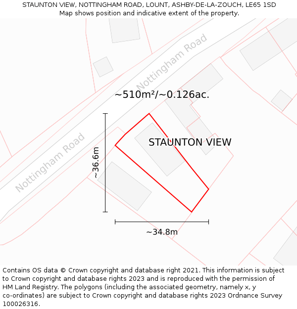 STAUNTON VIEW, NOTTINGHAM ROAD, LOUNT, ASHBY-DE-LA-ZOUCH, LE65 1SD: Plot and title map