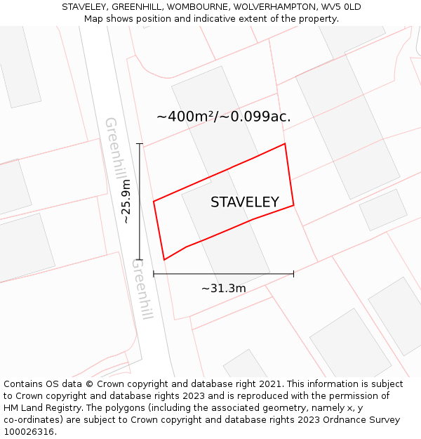 STAVELEY, GREENHILL, WOMBOURNE, WOLVERHAMPTON, WV5 0LD: Plot and title map