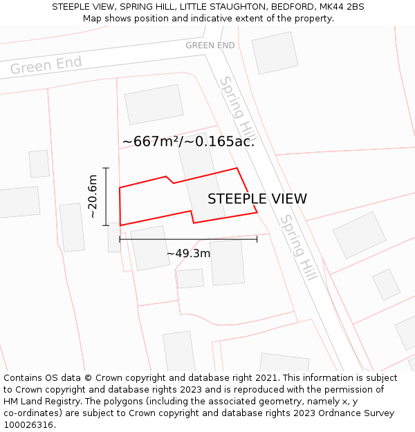 STEEPLE VIEW, SPRING HILL, LITTLE STAUGHTON, BEDFORD, MK44 2BS: Plot and title map
