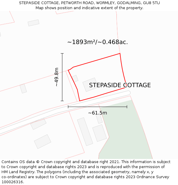 STEPASIDE COTTAGE, PETWORTH ROAD, WORMLEY, GODALMING, GU8 5TU: Plot and title map