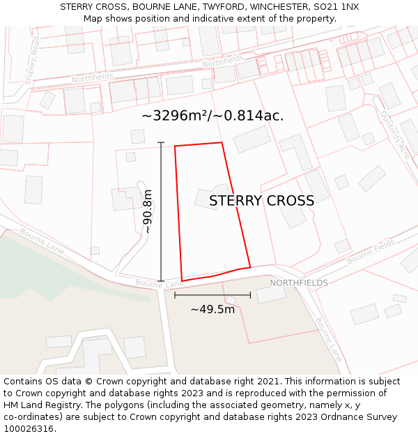 STERRY CROSS, BOURNE LANE, TWYFORD, WINCHESTER, SO21 1NX: Plot and title map