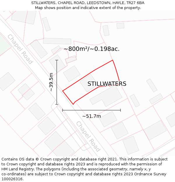 STILLWATERS, CHAPEL ROAD, LEEDSTOWN, HAYLE, TR27 6BA: Plot and title map