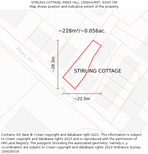 STIRLING COTTAGE, PIKES HILL, LYNDHURST, SO43 7AY: Plot and title map