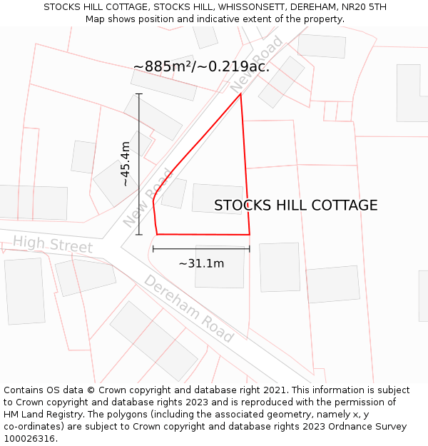 STOCKS HILL COTTAGE, STOCKS HILL, WHISSONSETT, DEREHAM, NR20 5TH: Plot and title map