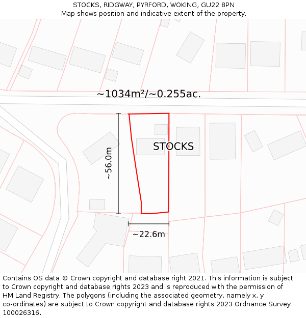 STOCKS, RIDGWAY, PYRFORD, WOKING, GU22 8PN: Plot and title map