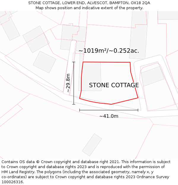 STONE COTTAGE, LOWER END, ALVESCOT, BAMPTON, OX18 2QA: Plot and title map