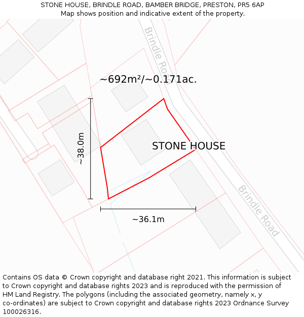 STONE HOUSE, BRINDLE ROAD, BAMBER BRIDGE, PRESTON, PR5 6AP: Plot and title map