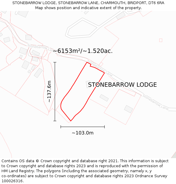 STONEBARROW LODGE, STONEBARROW LANE, CHARMOUTH, BRIDPORT, DT6 6RA: Plot and title map