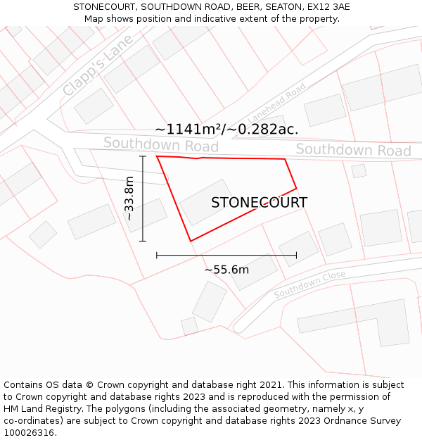 STONECOURT, SOUTHDOWN ROAD, BEER, SEATON, EX12 3AE: Plot and title map