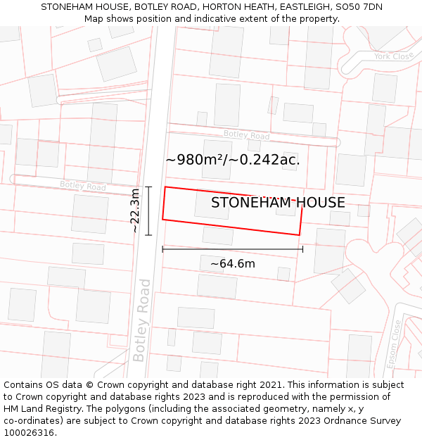 STONEHAM HOUSE, BOTLEY ROAD, HORTON HEATH, EASTLEIGH, SO50 7DN: Plot and title map