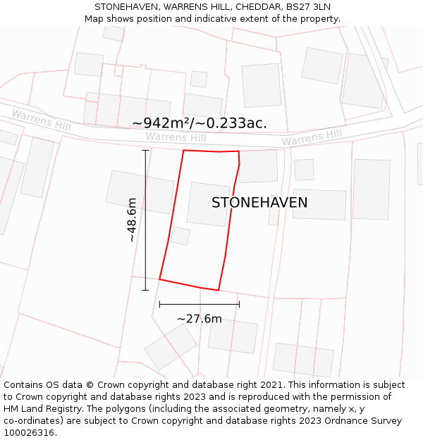 STONEHAVEN, WARRENS HILL, CHEDDAR, BS27 3LN: Plot and title map