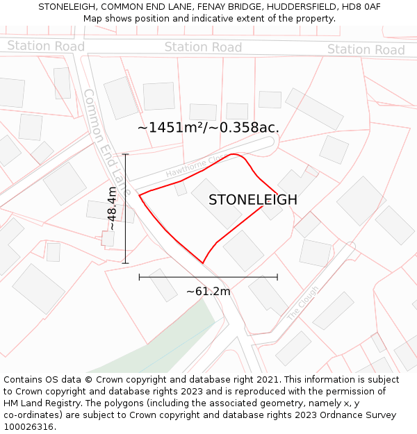 STONELEIGH, COMMON END LANE, FENAY BRIDGE, HUDDERSFIELD, HD8 0AF: Plot and title map