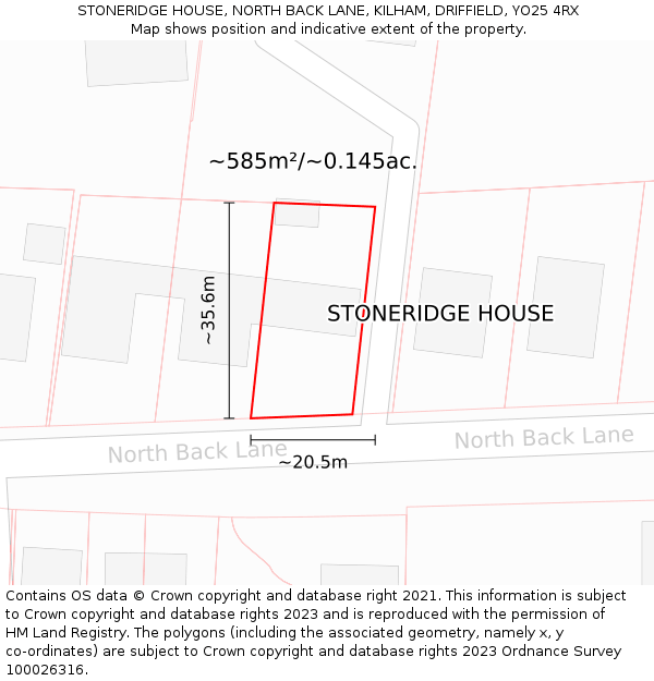 STONERIDGE HOUSE, NORTH BACK LANE, KILHAM, DRIFFIELD, YO25 4RX: Plot and title map